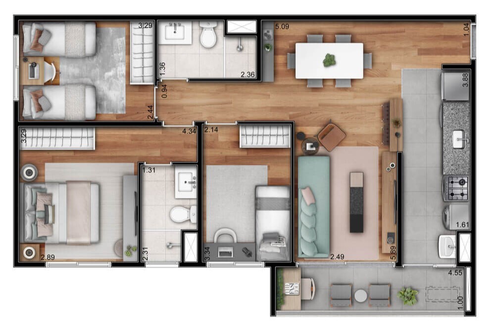 Planta 02 - 3 dorm 76,29m²