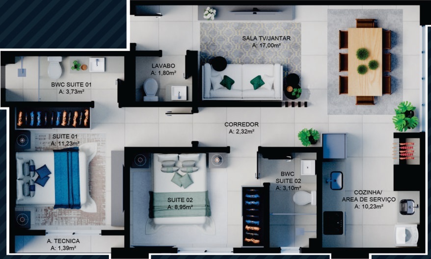 Planta 01 - 2 dorm 67,86m²