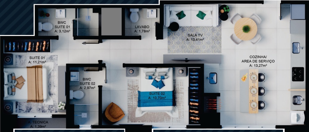 Planta 03 - 2 dorm 68,78m²