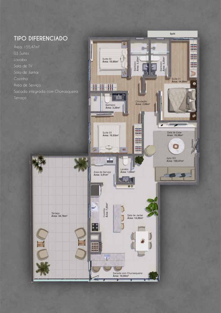 Planta 03 - 3 dormitorios 155m² - garden