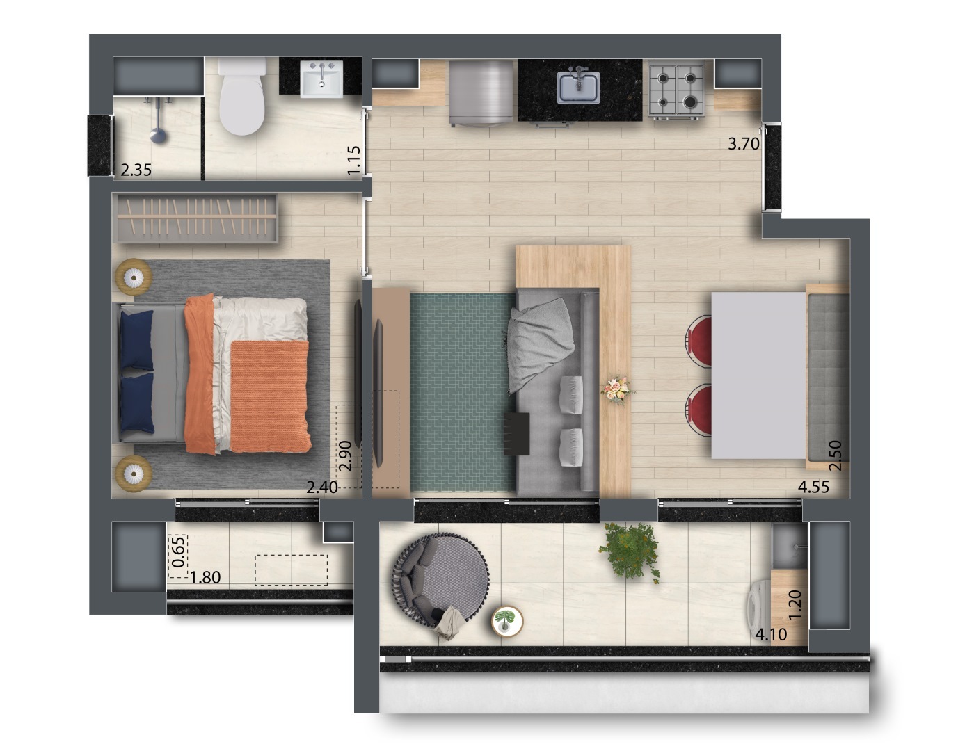 Planta 05 - 1 dorm 40,87m² - opção