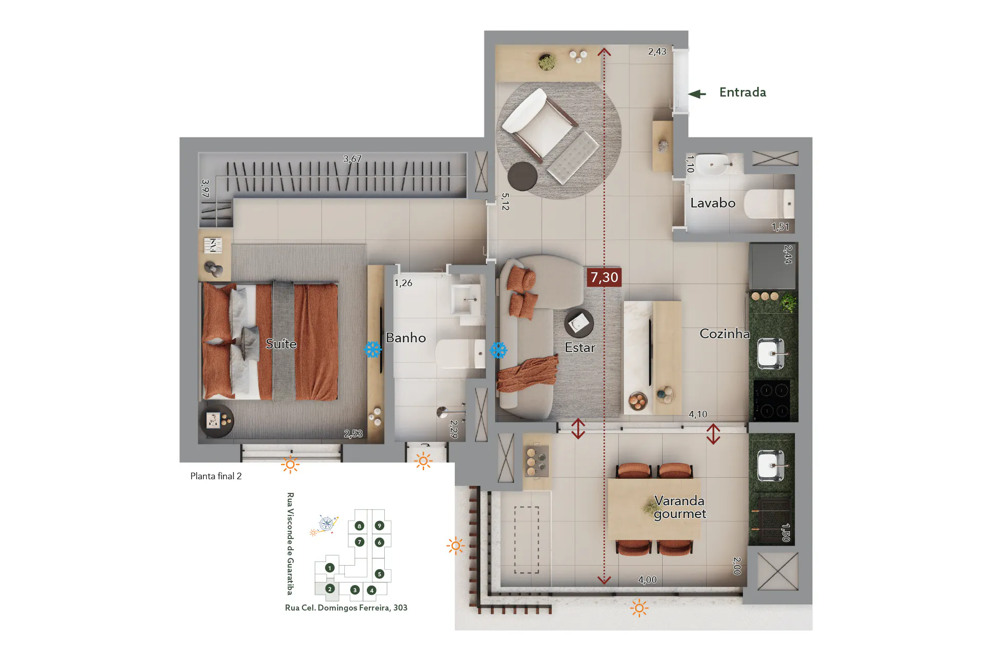 Planta 02 - 1 dorm 52m²