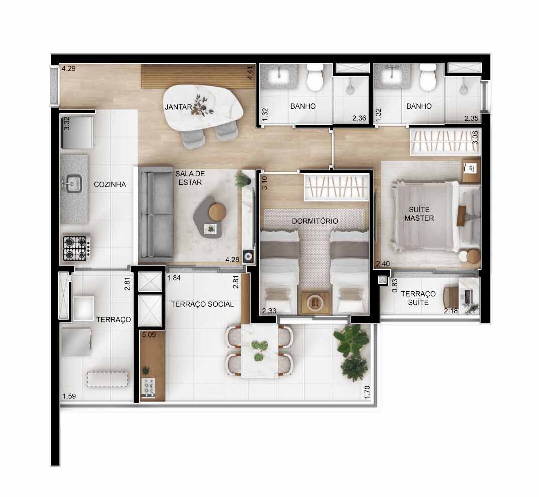 Planta 03 - 2 dorm 68m²