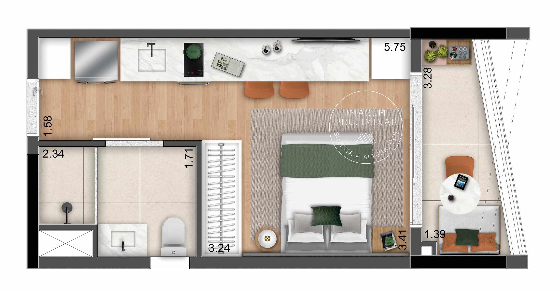Planta 01 - 1 dorm 27,10m² - studio