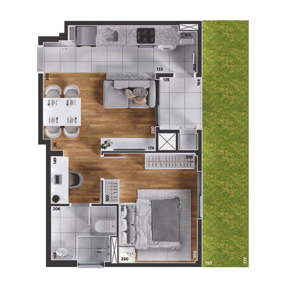 Planta 03 - 1 dorm 51,92m² - garden