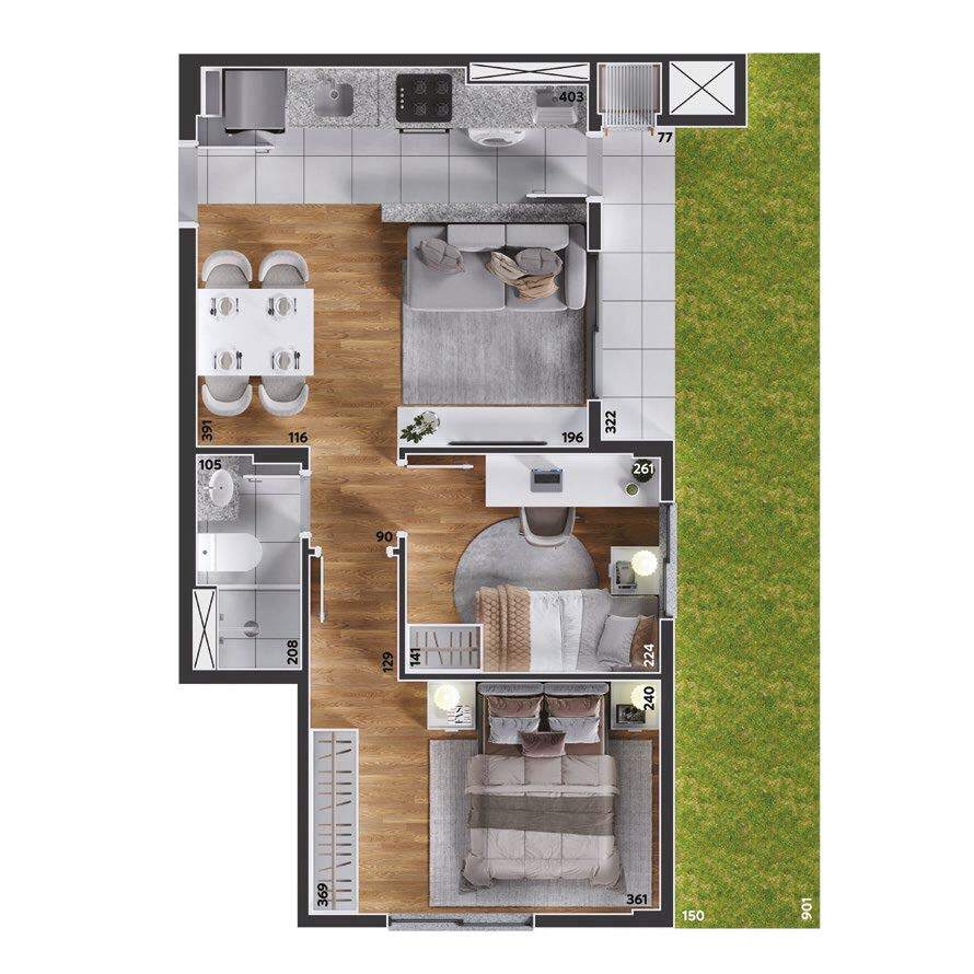Planta 08 - 2 dorm 58,39m² - garden