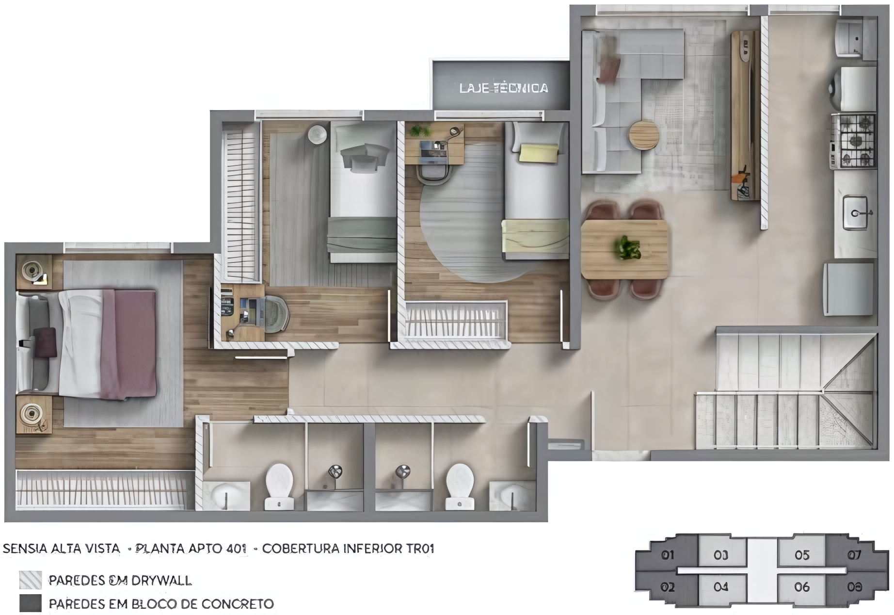 Planta 06 - 3 dorm 136,21m² - cobertura duplex - inferior