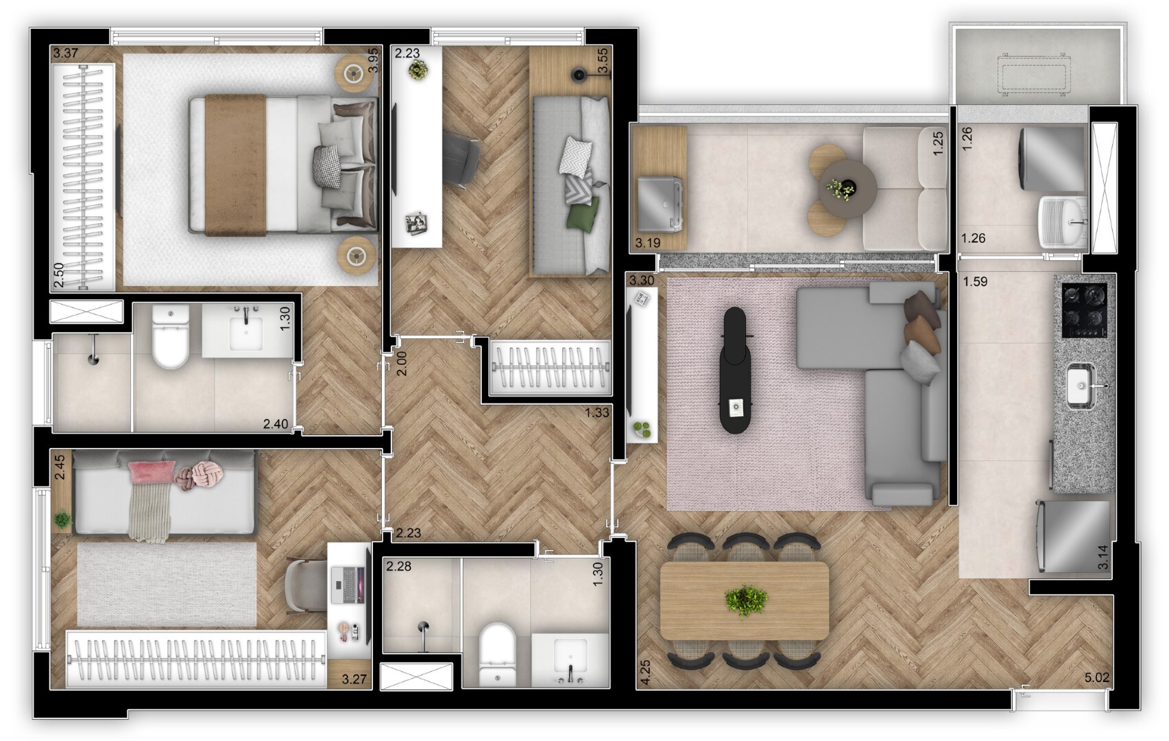 Planta 03 - 3 dorm 73m²