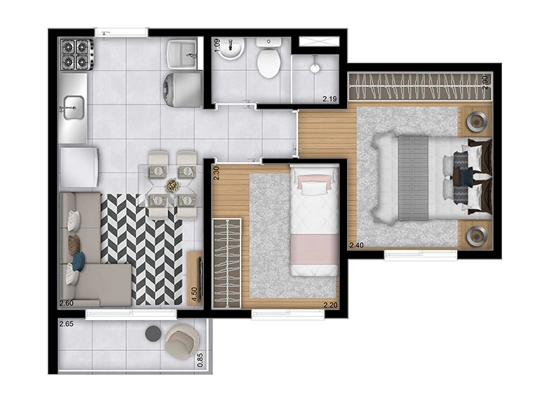 Planta 02 - 2 dorm 34,98m²
