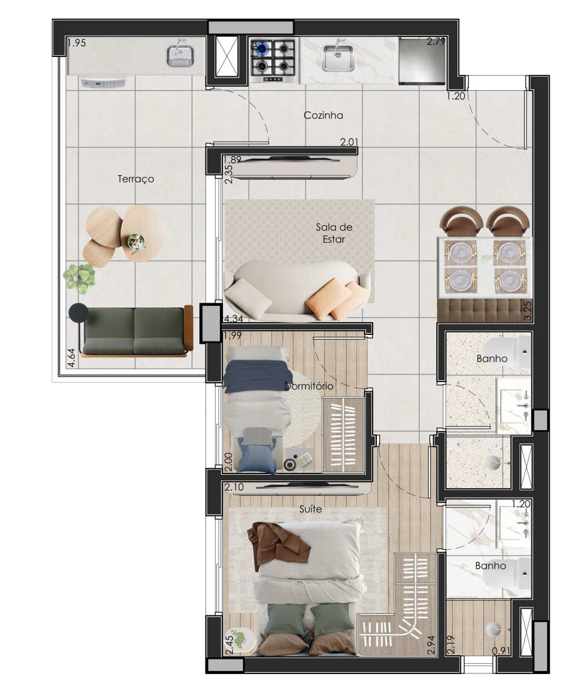 Planta 01 - 2 dorm 51,70m²