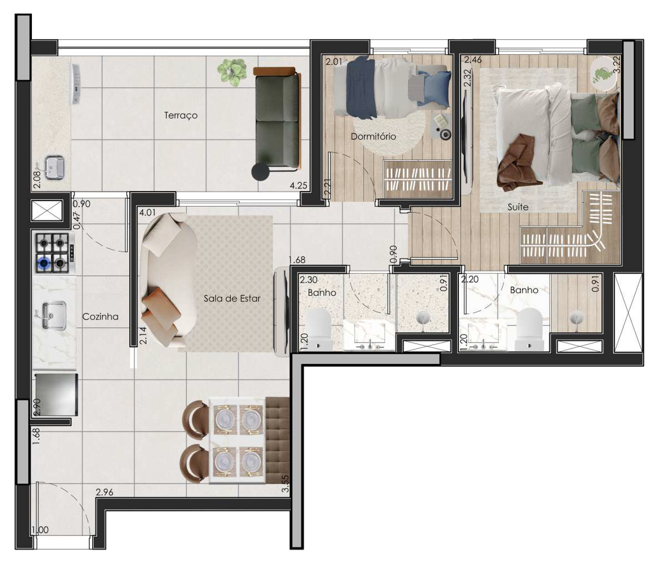 Planta 02 - 2 dorm 53,84m²