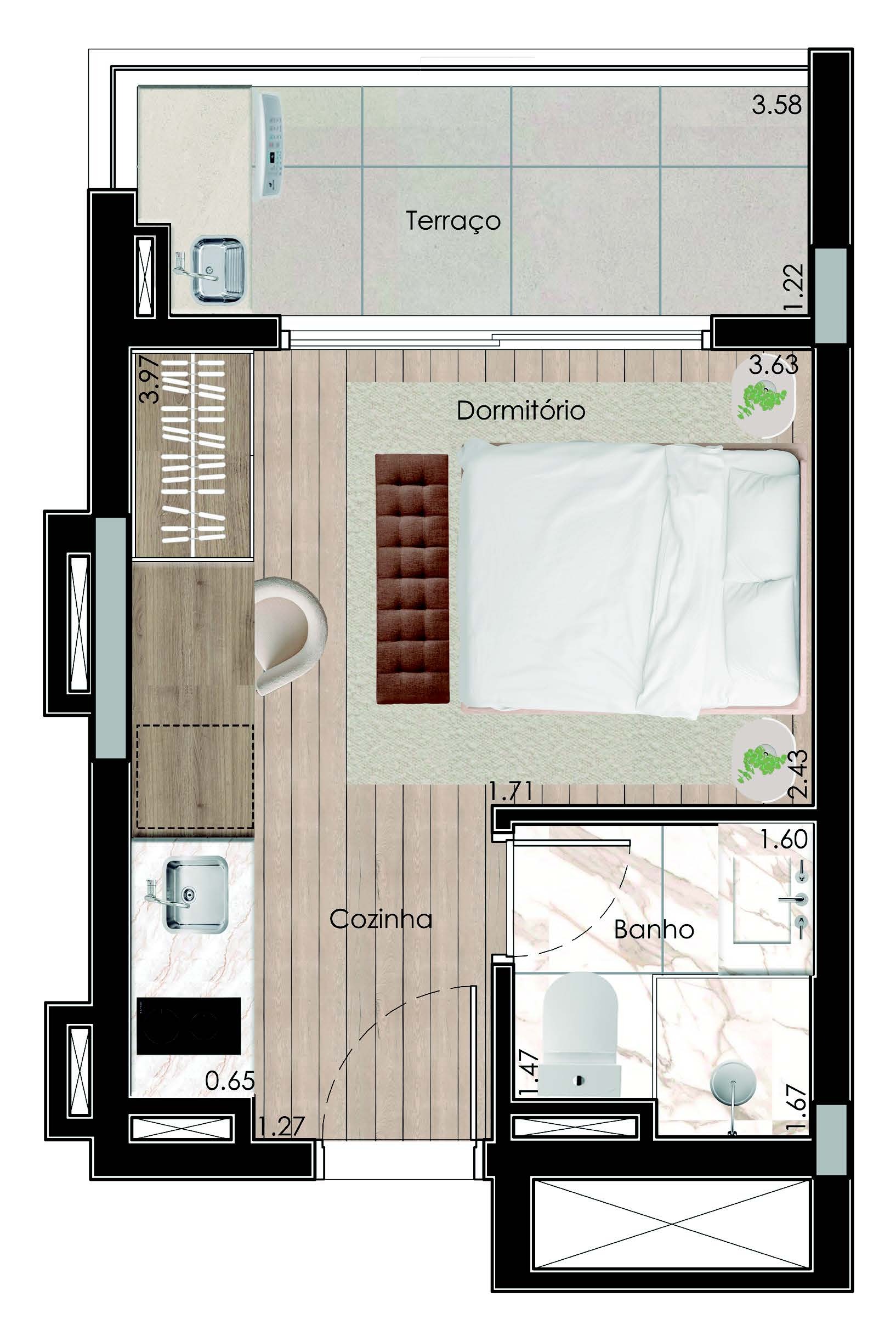 Planta 01 - 1 dorm 22,73m² - loft