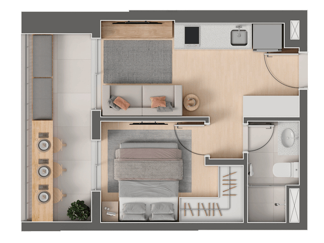 Planta 01 - 1 dorm 33,56m²