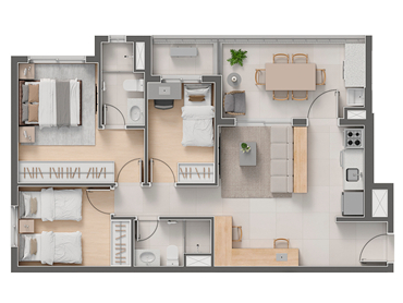 Planta 03 - 3 dorm 74,63m²