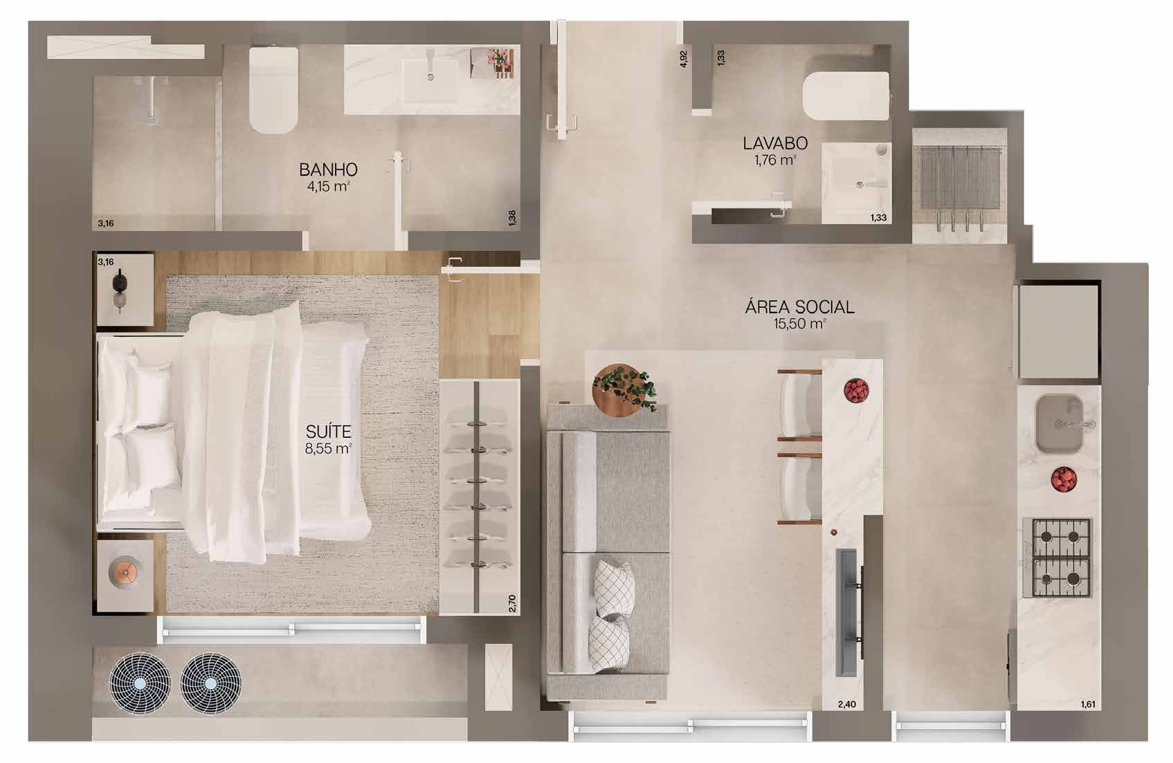 Planta 01 - 1 dorm 40m²