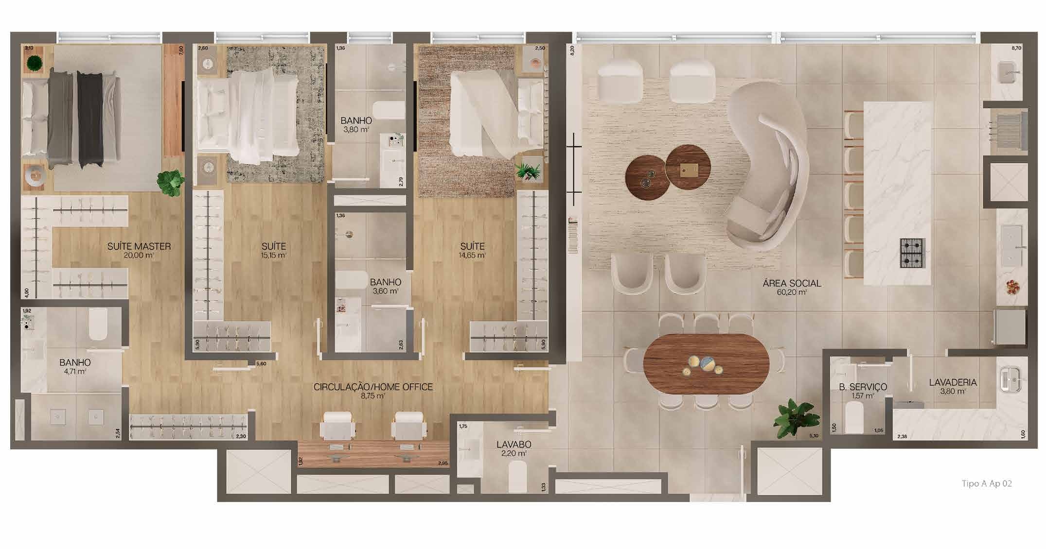 Planta 01 - 3 dorm 170m²