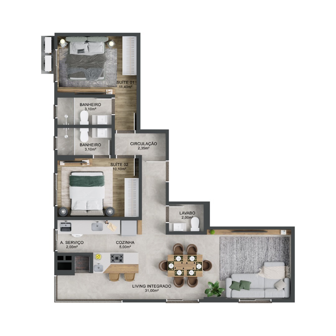 Planta 01 - 2 dorm 80m²