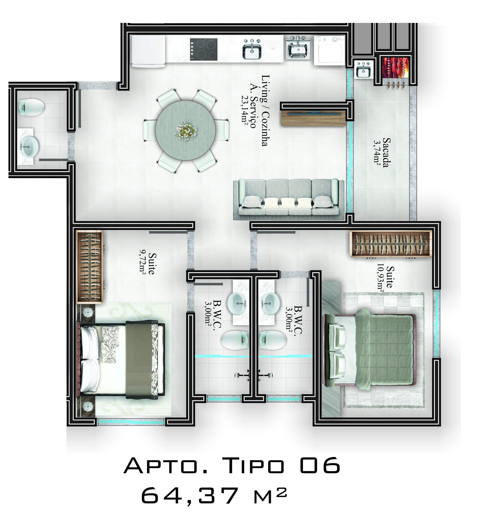 Planta 04 - 2 dorm 64,37m²