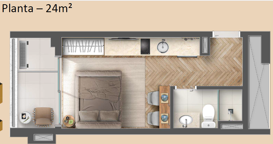 Planta 01 - 1 dorm - 24m²