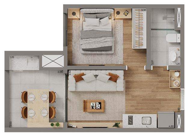 Planta 01 - 1 dorm 33m²