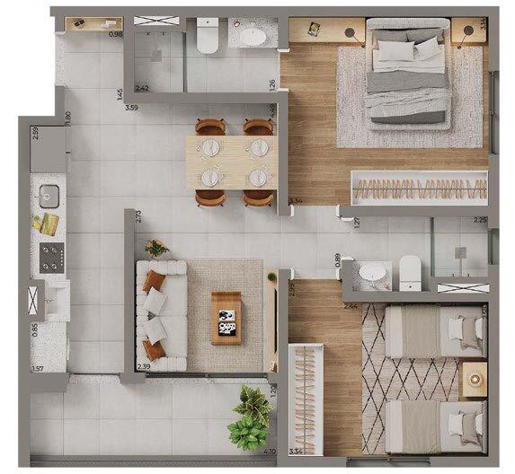 Planta 02 - 2 dorm 59m²
