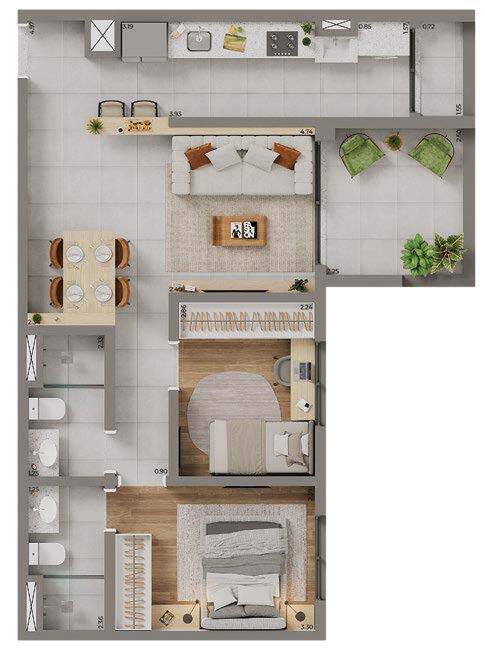 Planta 03 - 2 dorm 62m²