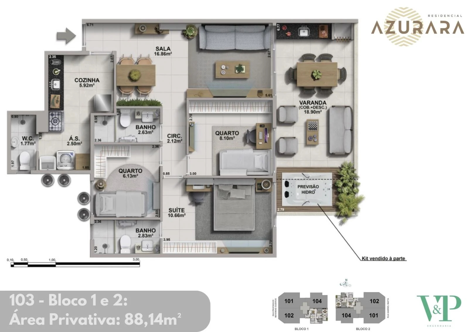 Planta 01 - 3 dorm 88,14m²