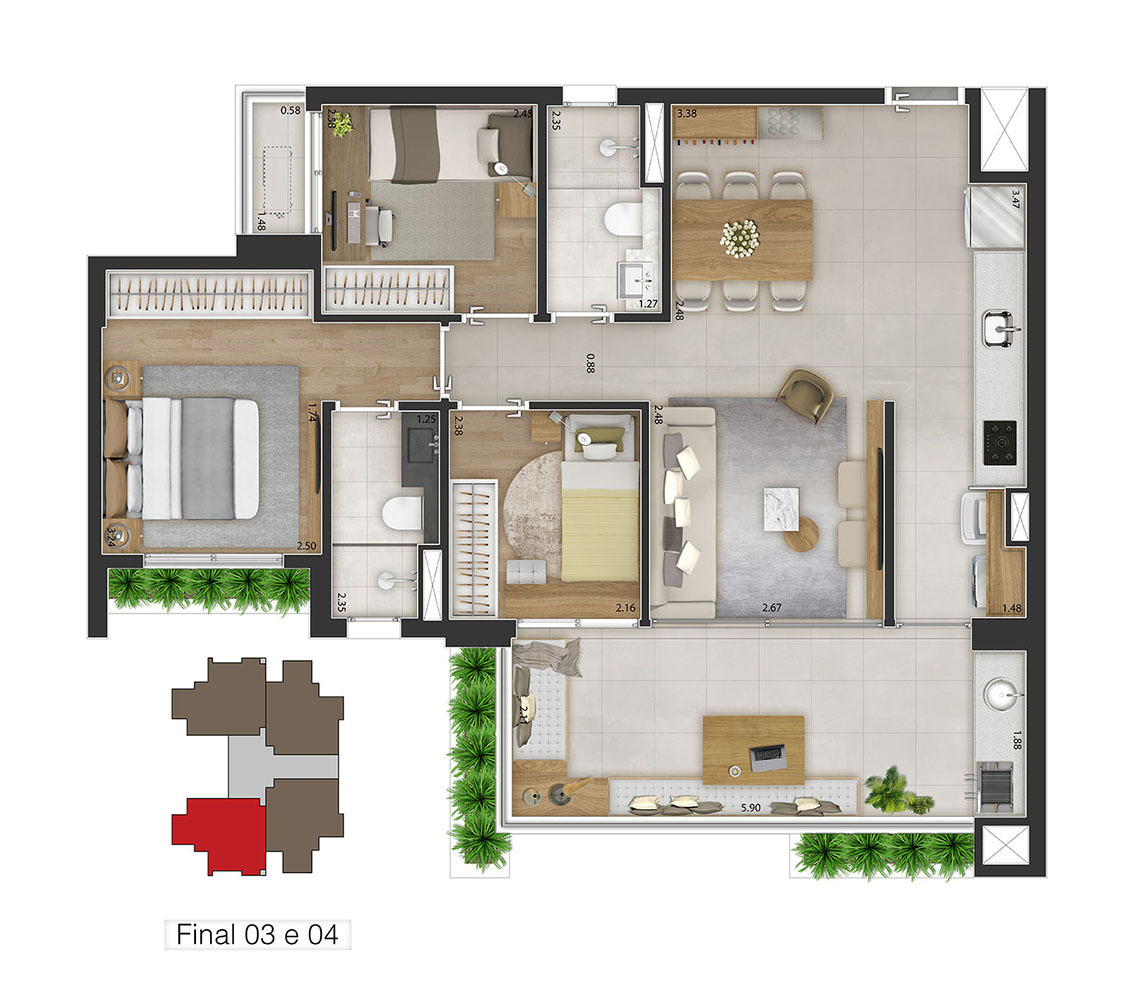 Planta 02 - 3 dorm 81,44m²