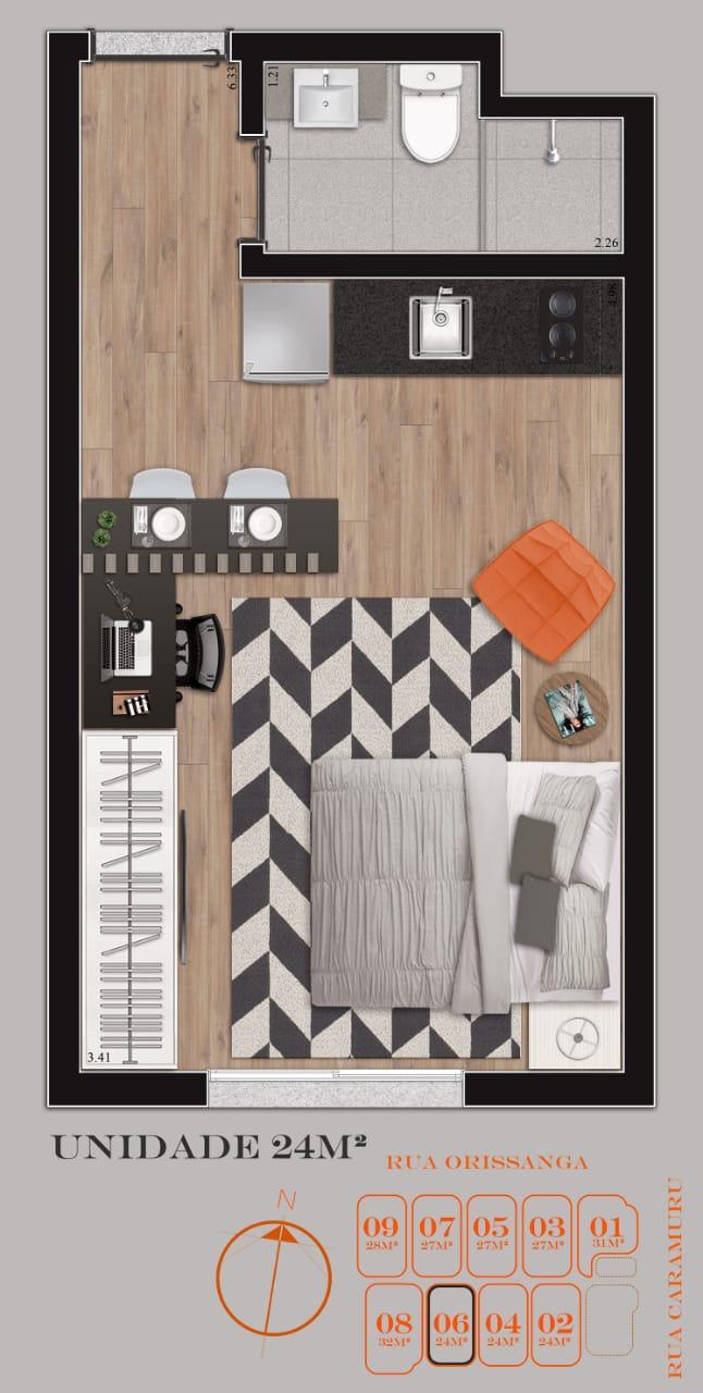 Planta 01 - 1 dorm 24m² - studio