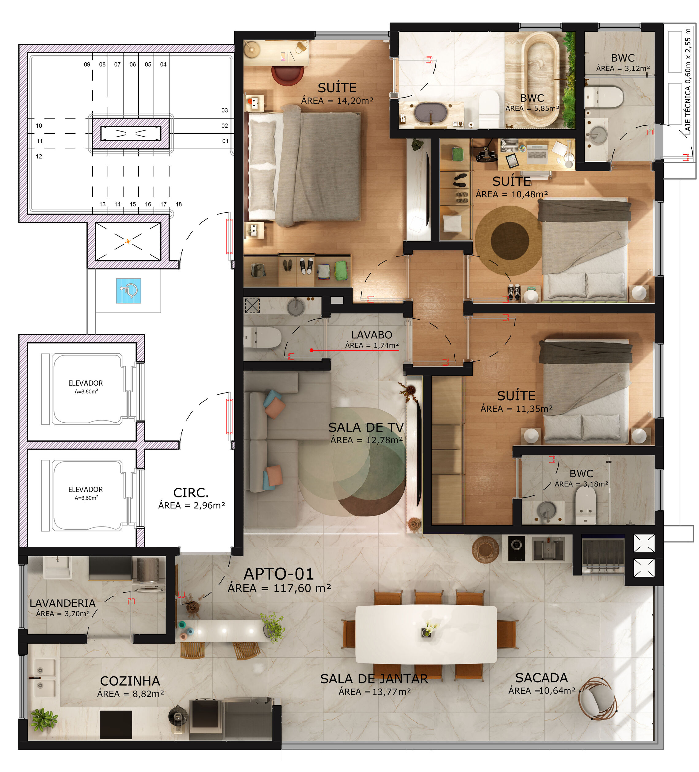 Planta 01 - 3 dorm 117,60m²