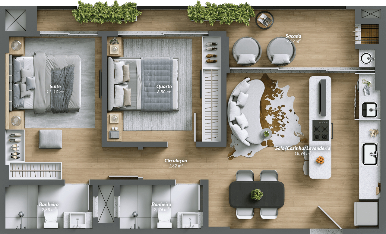 Planta 01 - 2 dorm 69m²