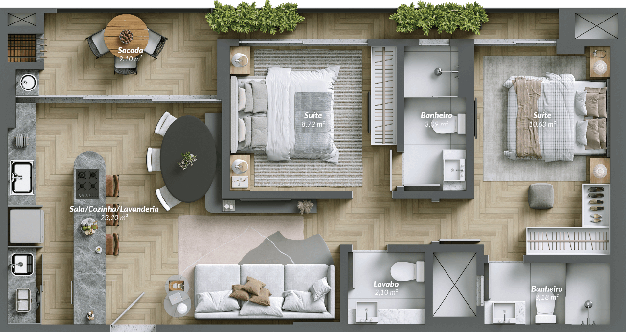 Planta 02 - 2 dorm 77m²