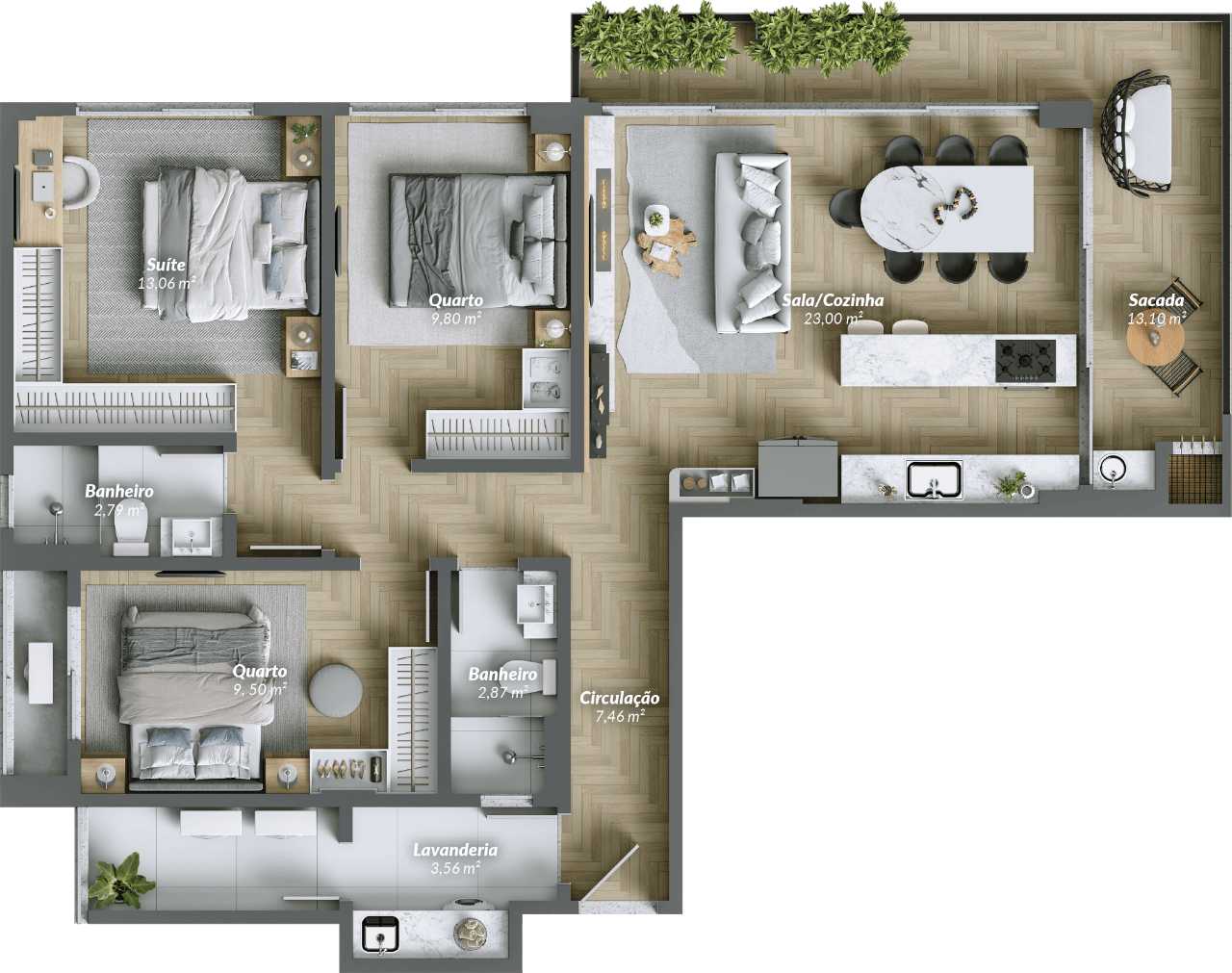 Planta 03 - 3 dorm 103m²