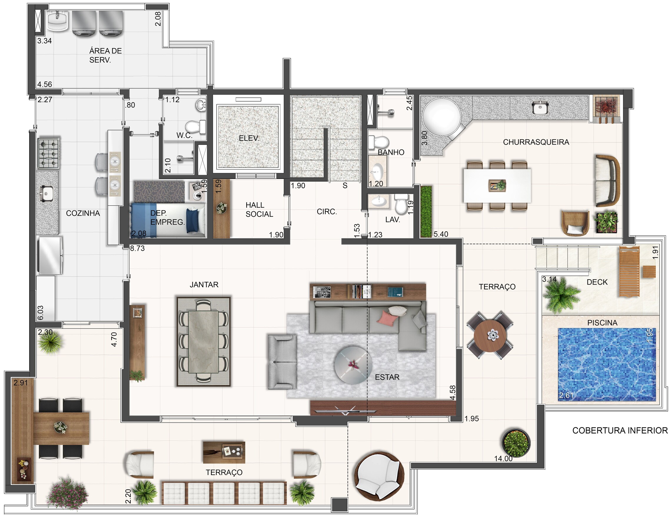 Planta 02 - 4 dorm 284,25m² - cobertura duplex - inferior