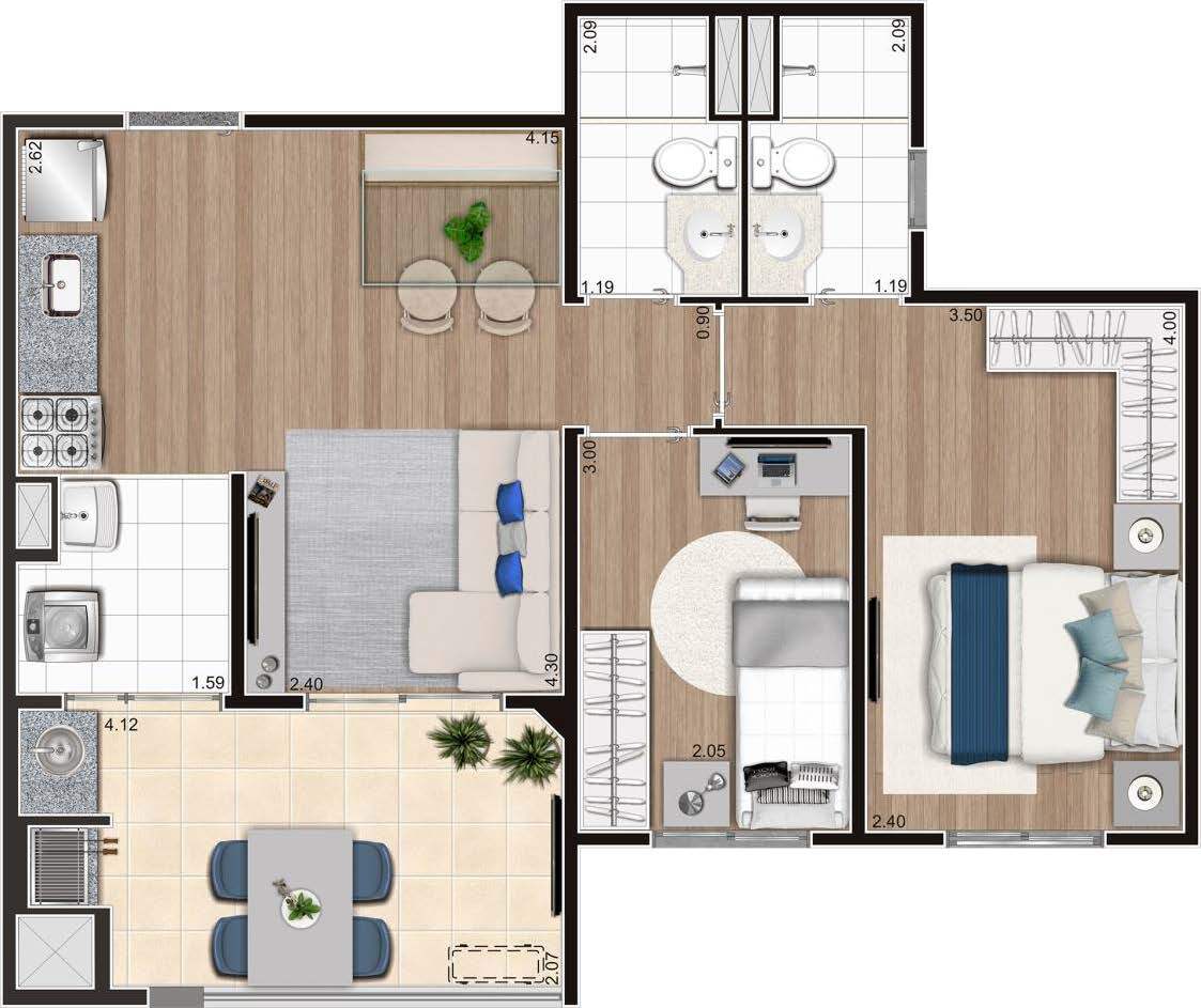 Planta 02 - 2 dorm 55m²