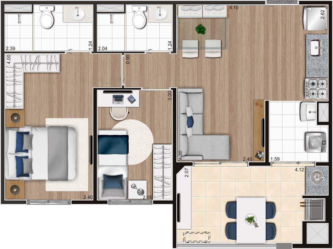 Planta 03 - 2 dorm 56m²