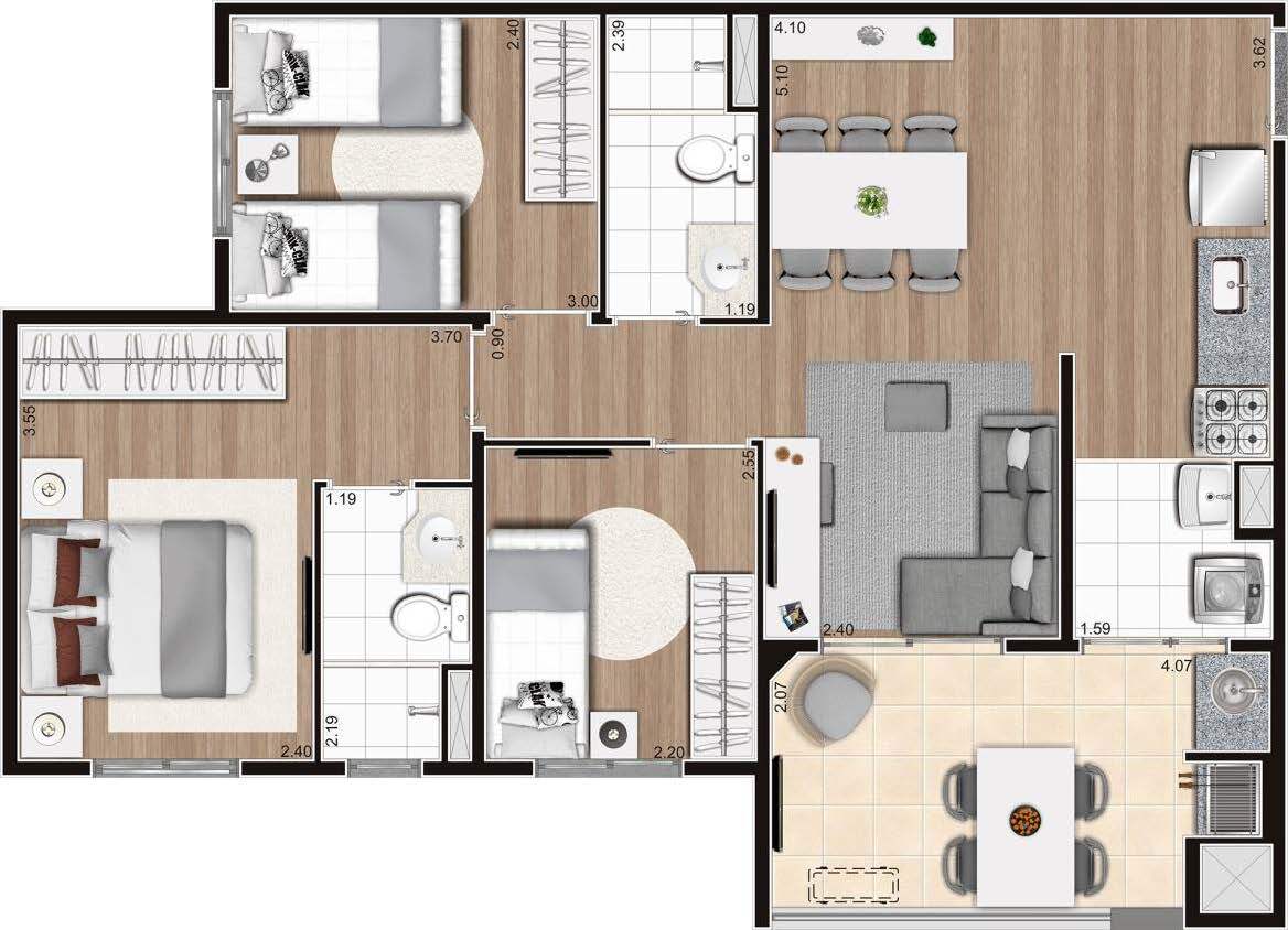 Planta 04 - 3 dorm 67m²