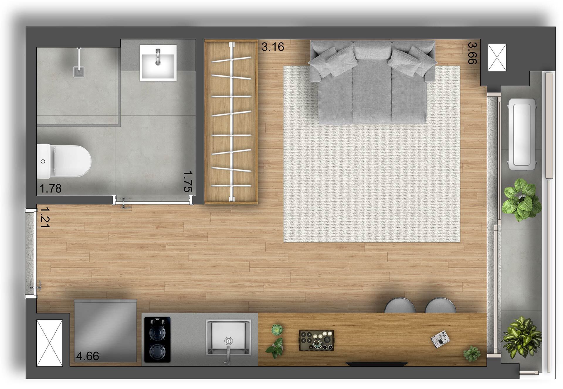 Planta 01 - 1 dorm 21m² - studio