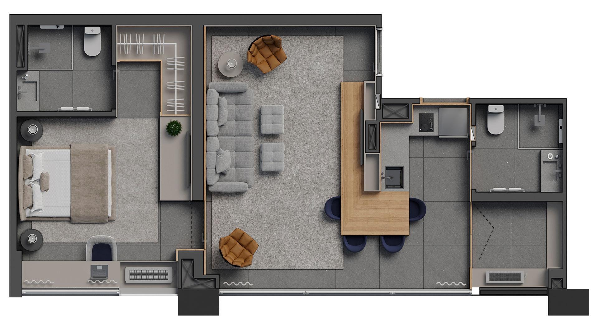 Planta 05 - 1 dorm 58m² - junção
