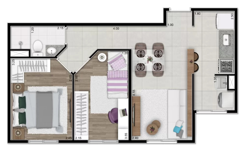 Planta 01 - 2 dorm 43,77m²