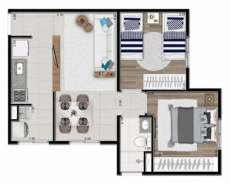 Planta 02 - 2 dorm 44,36m²