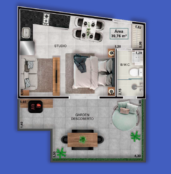 Planta 03 - 1 dorm 39,76m² - garden