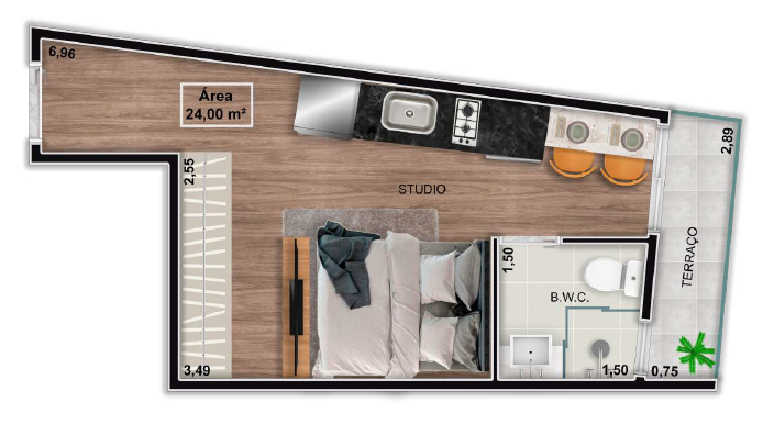 Planta 04 - 1 dorm 24m² - studio
