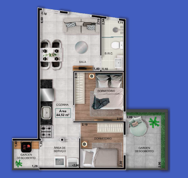 Planta 07 - 2 dorm 44,52m² - garden