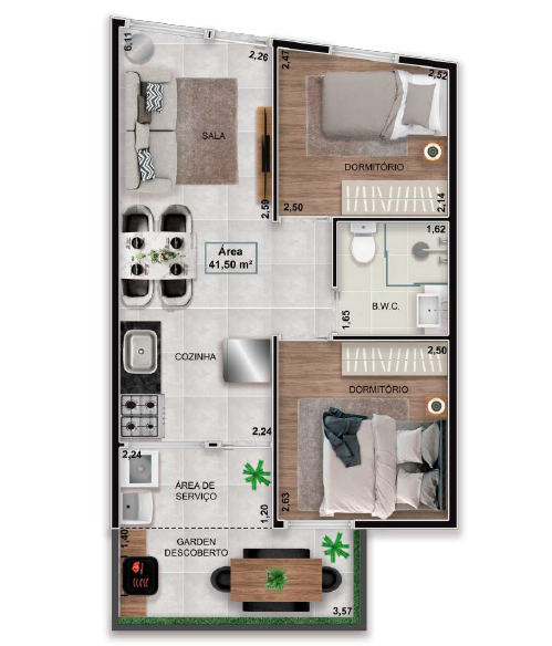 Planta 08 - 2 dorm 41,50m² - garden