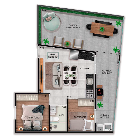 Planta 10 - 2 dorm 65,90m² - garden