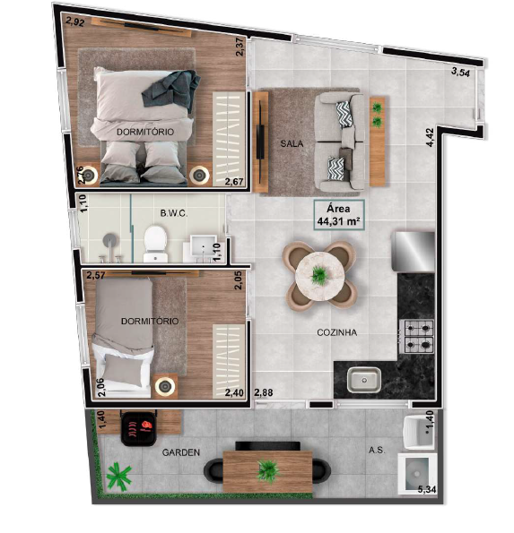 Planta 12 - 2 dorm 44,31m² - garden