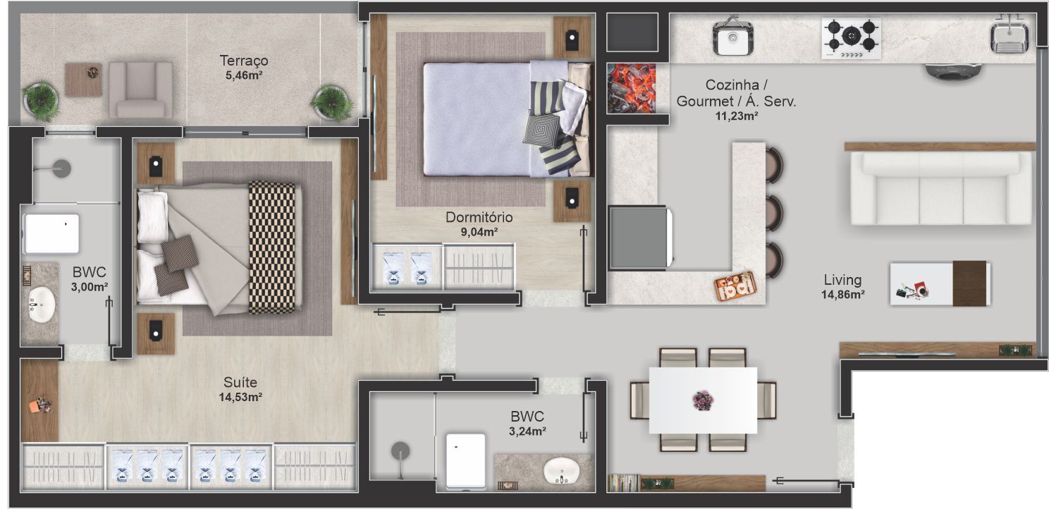 Planta 02 - 2 dorm 71,42m²