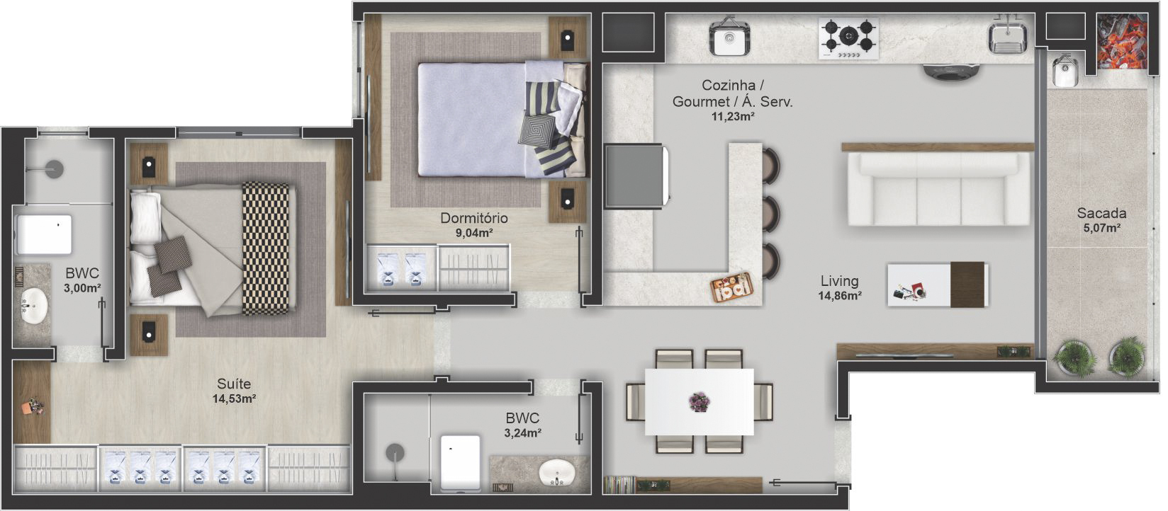 Planta 03 - 2 dorm 71,42m²