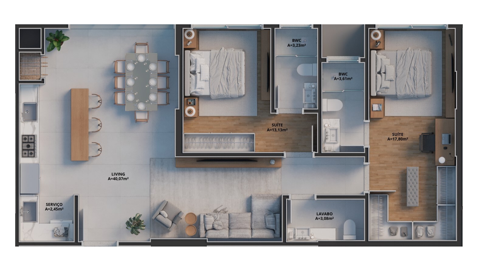 Planta 01 - 2 dorm 94,76m²